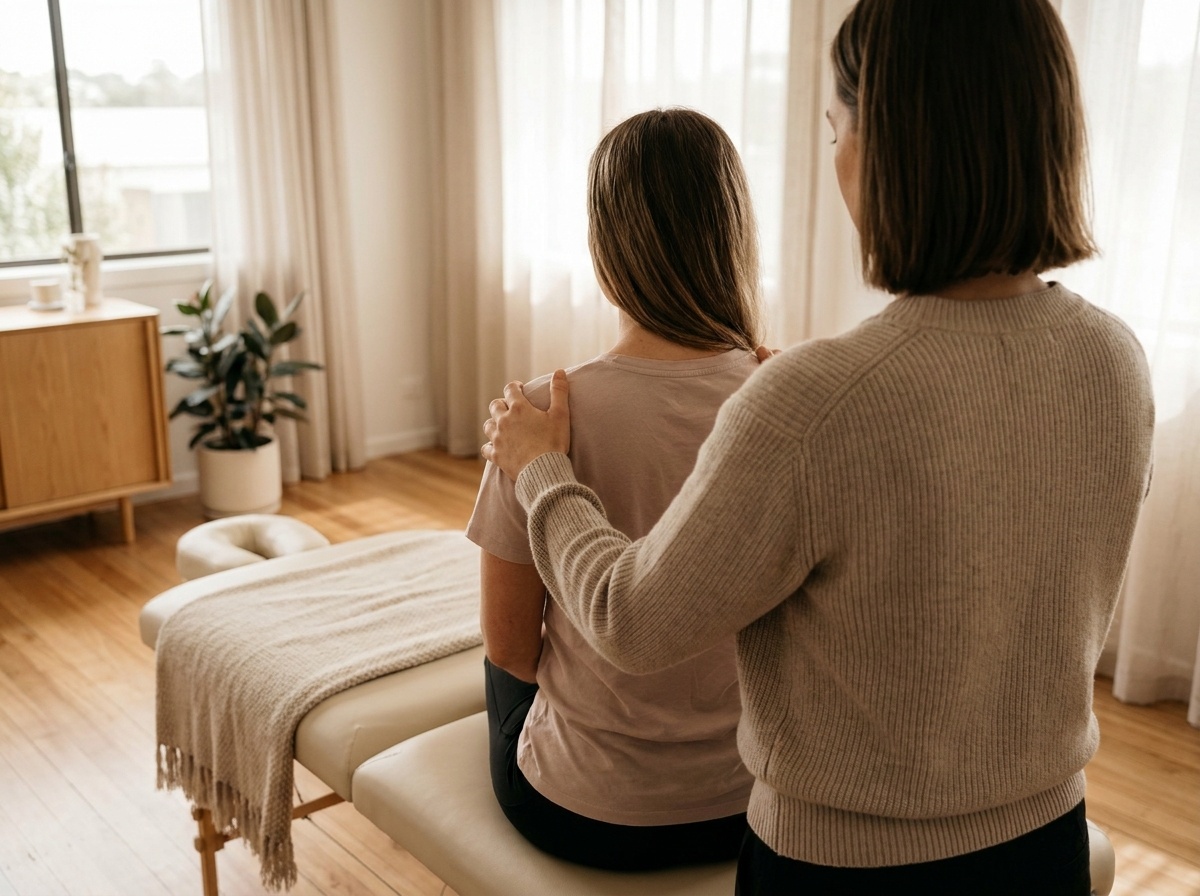 A therapist places their hands on a client's shoulders while the client sits on a massage table in a well-lit room.. User description: Warm editorial landscape 