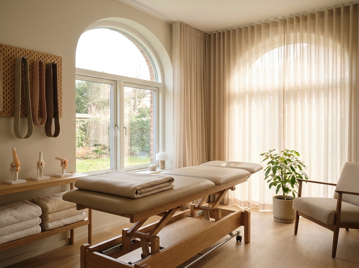 A clean and bright physiotherapy room with a massage table, anatomical models of joints, stacked towels, resistance bands, and a comfortable armchair, bathed in