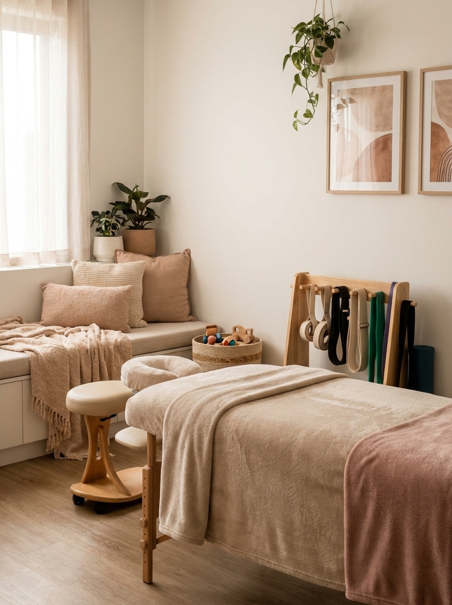 A clean and bright physiotherapy room with a massage table, anatomical models of joints, stacked towels, resistance bands, and a comfortable armchair, bathed in